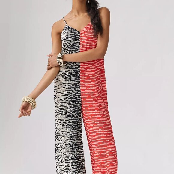 Anthropologie Black Red Tan Corey Lynn CarterZebra Contrast Jumpsuit M - Picture 1 of 10